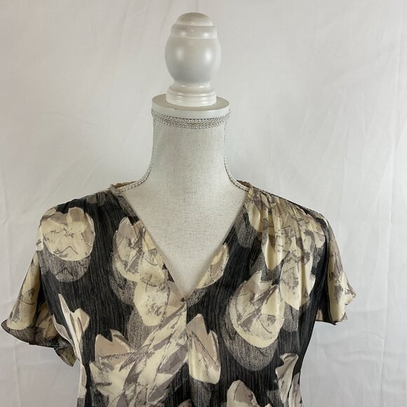 Halston Heritage Dress S Gray Cream Floral Elastic Waist Tiered Butterfly Sleeve - Picture 2 of 14
